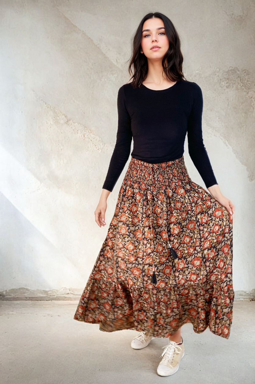 Ophelia Boho High Low Hand-Blocked Cotton Skirt