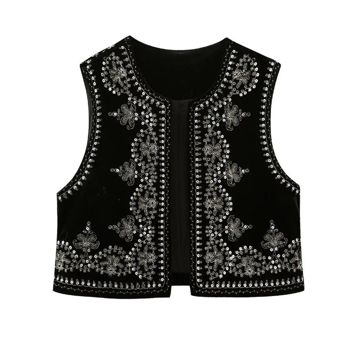 Adalee Boho Black Velvet Embroidered Vest - @Saucy Ladies