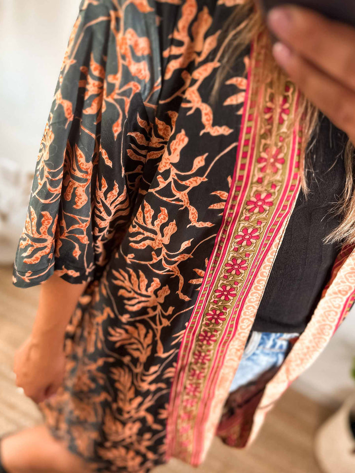 Sharma Black and Orange Midi Silk Kimono