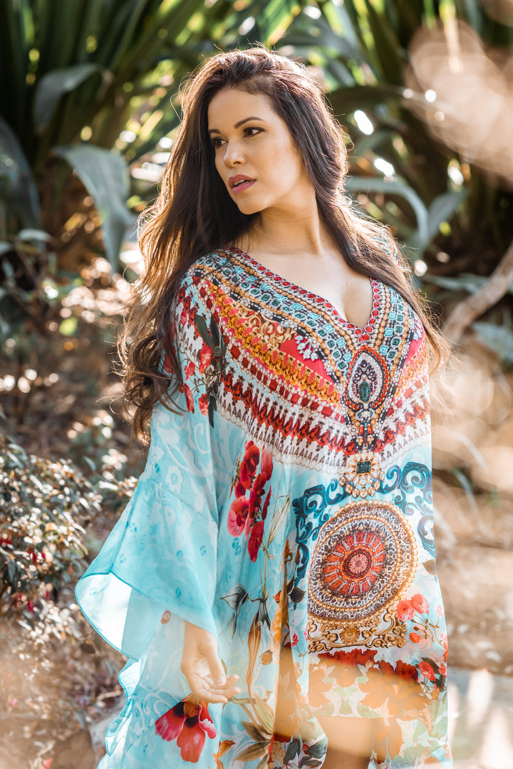 Aphrodite Cold Shoulder Short Kaftan - Azure Dream - @Saucy Ladies